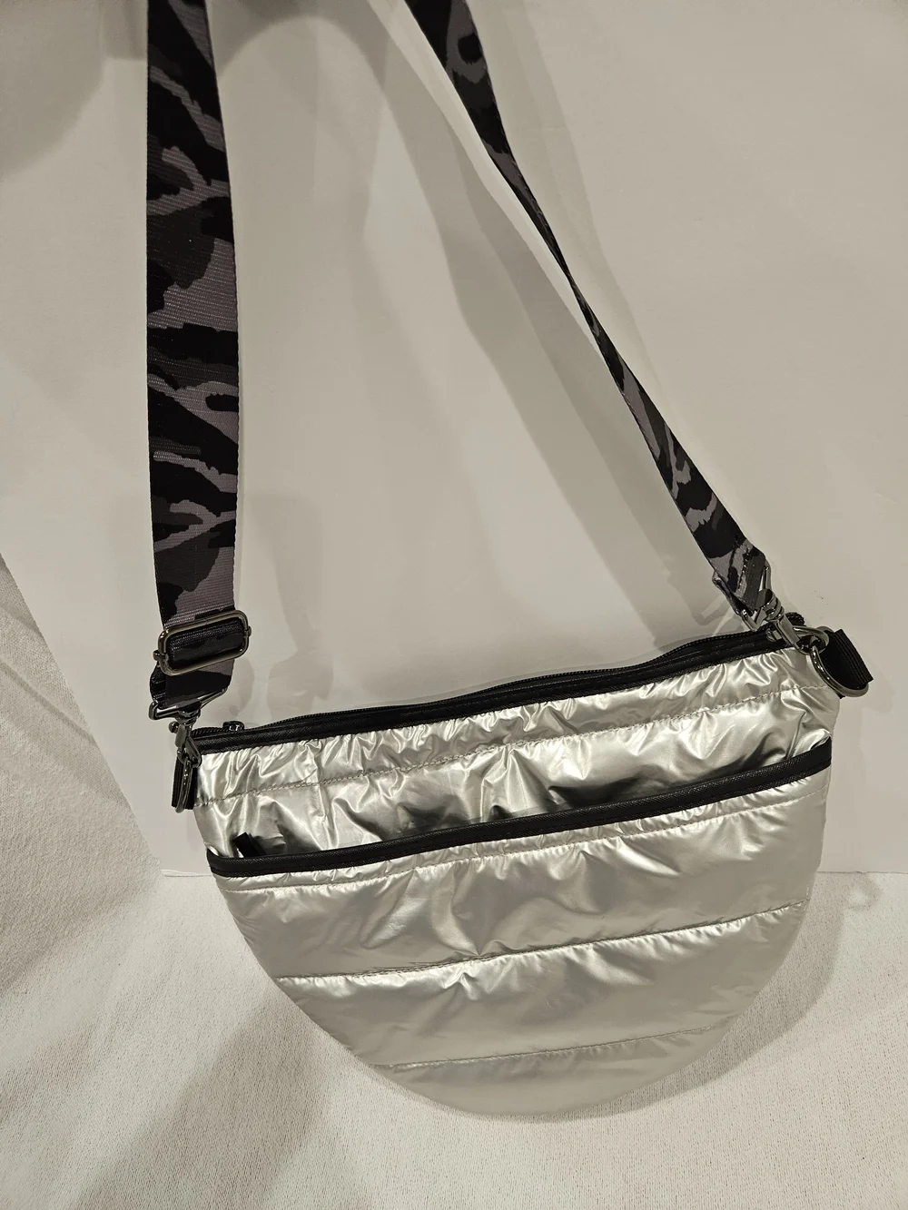 HAUTE SHORE Black Silver Quilted Pouch with Logo Lining Crossbody Shoulder Bag